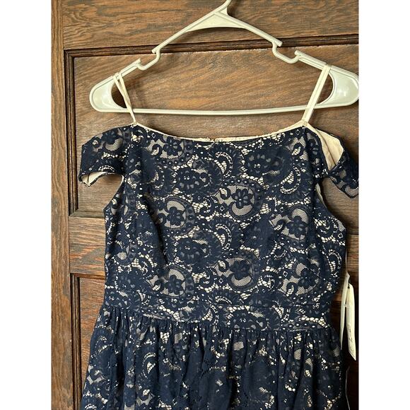 NWT Eliza J Navy Blue Floral Lace Nude Lined Off Shoulder Dress Sz 10 Fit Flare - Picture 2 of 10